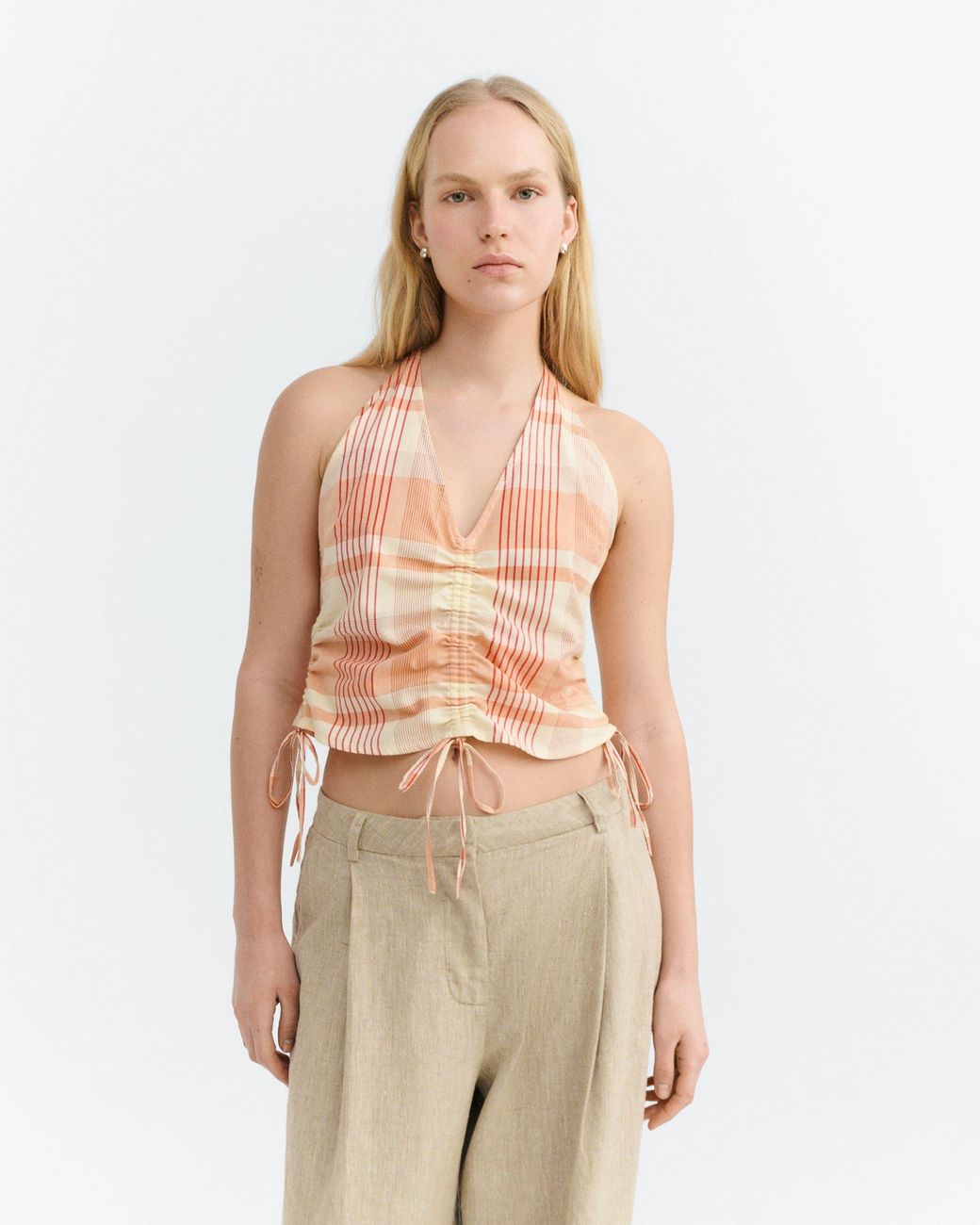 Thinking Mu White Adjustable Checkered Top Hiba