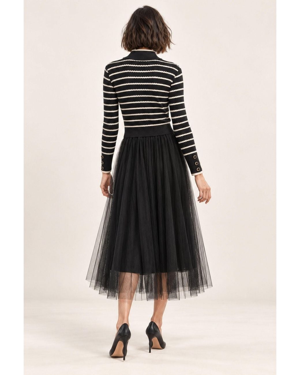 James Lakeland Black Striped Knit & Tulle Midi Dress