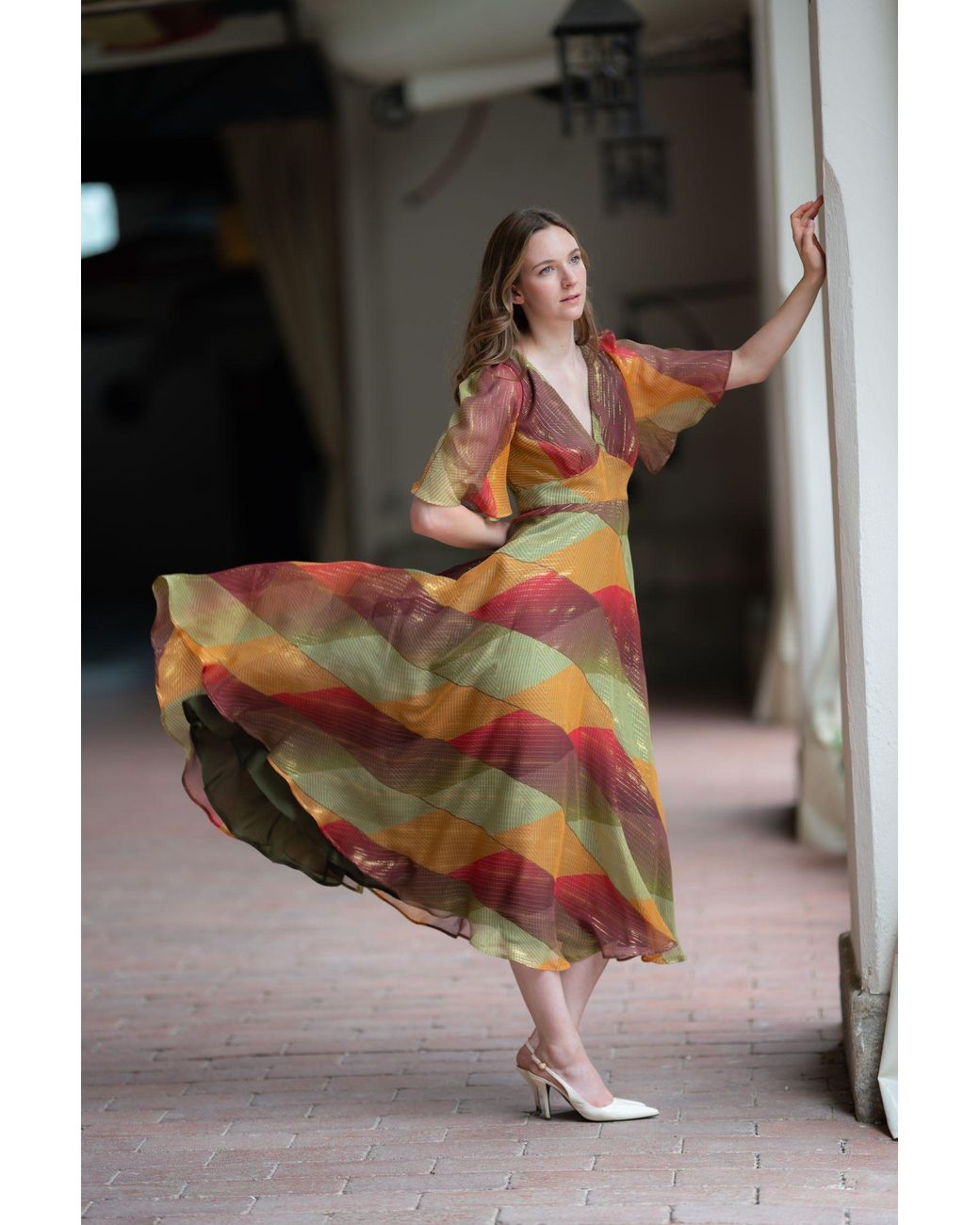 Sofia Tsereteli Brown Geometric Silk Chiffon Dress