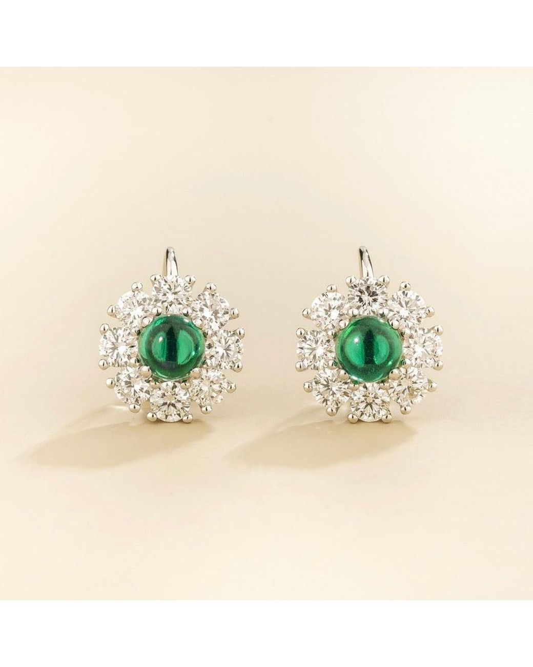 Juvetti Green Lisa Round Cabochon Emerald Halo Leverback Earrings