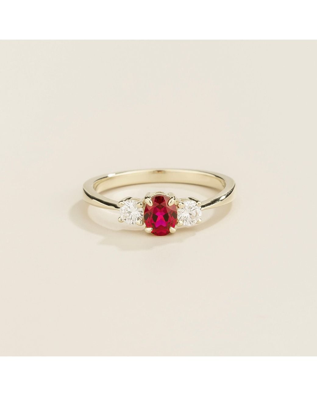 Juvetti White Boble Ruby Oval & Diamond Three-Stone Ring