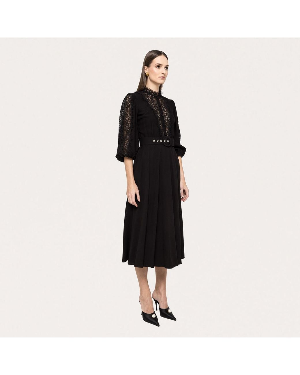 Nissa Black Lace-Insert Viscose Midi Dress