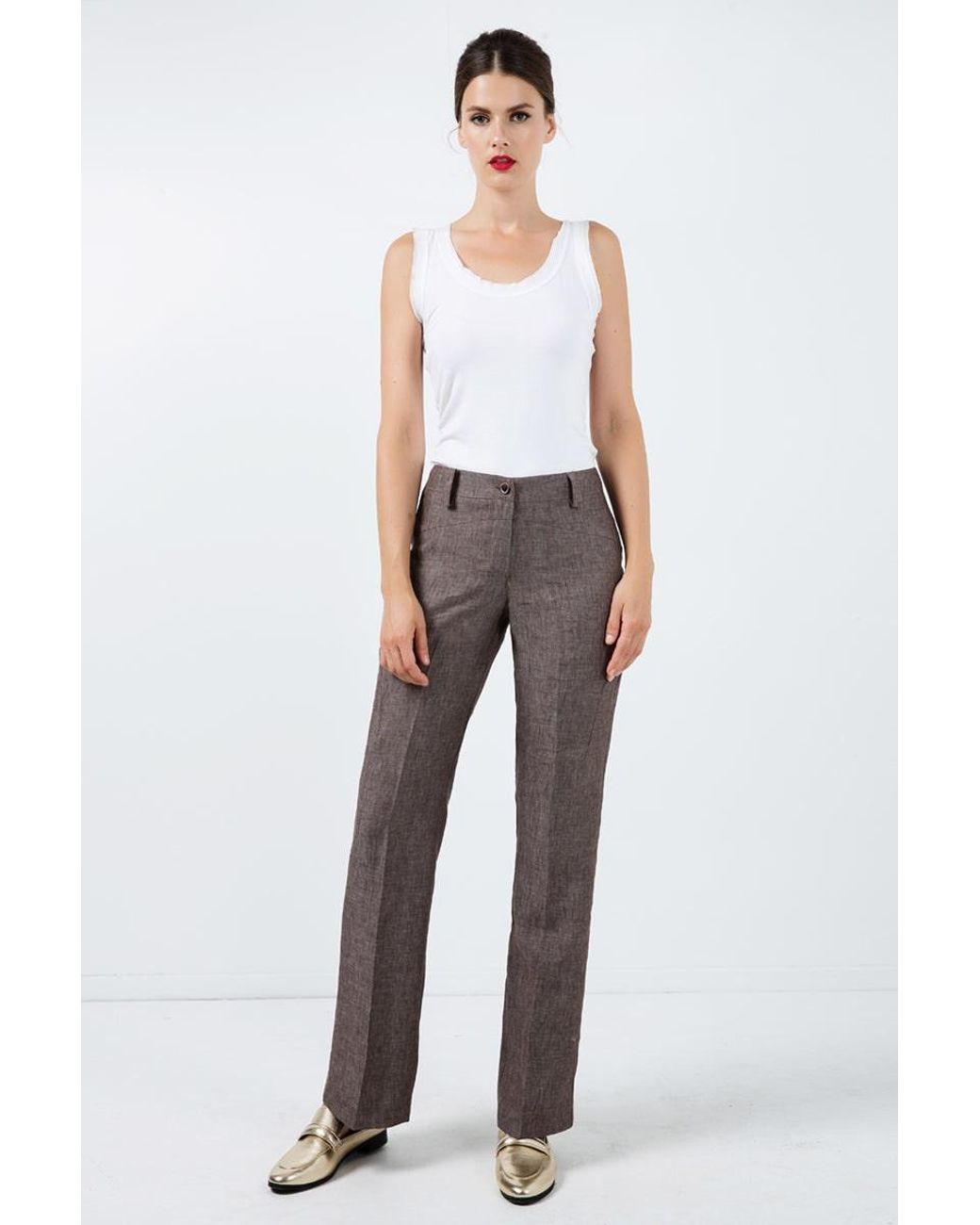 Conquista Brown Long Straight Linen Pants