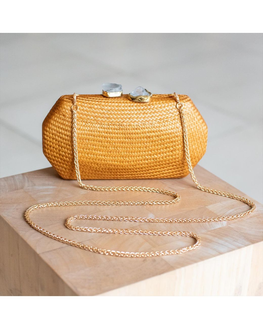 LIKHÂ Yellow Sarsuela Handwoven Clutch Camel