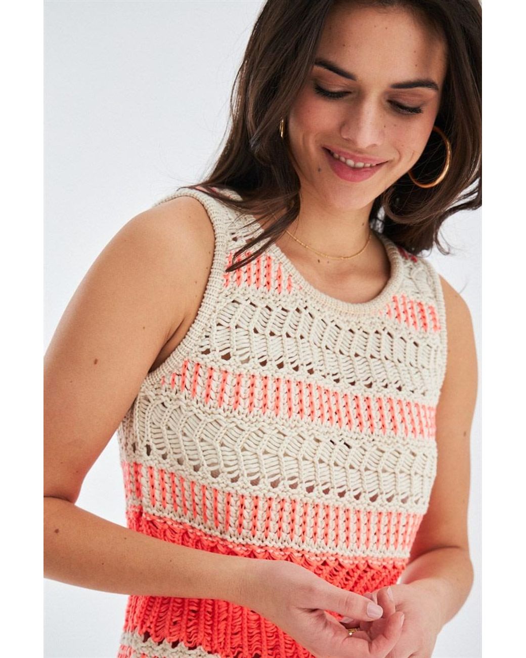 Peraluna Pink Kiyo Sleeveless Above-Knee Tasseled Open Work Summer Knit Dress