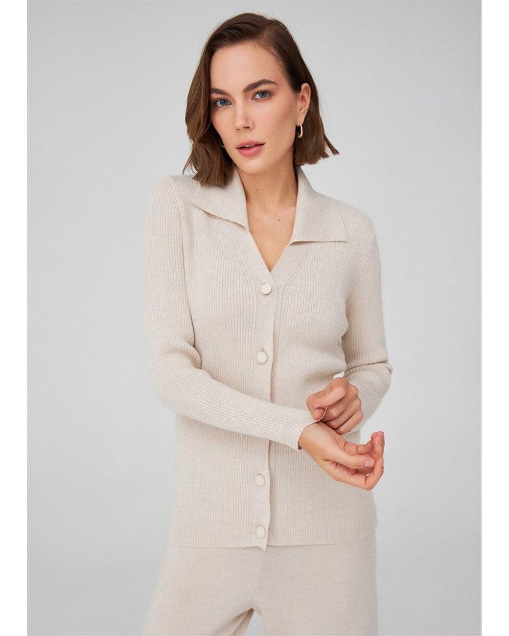 Peraluna Natural Neutrals Polo V-Neck Ribbed Knit Cardigan