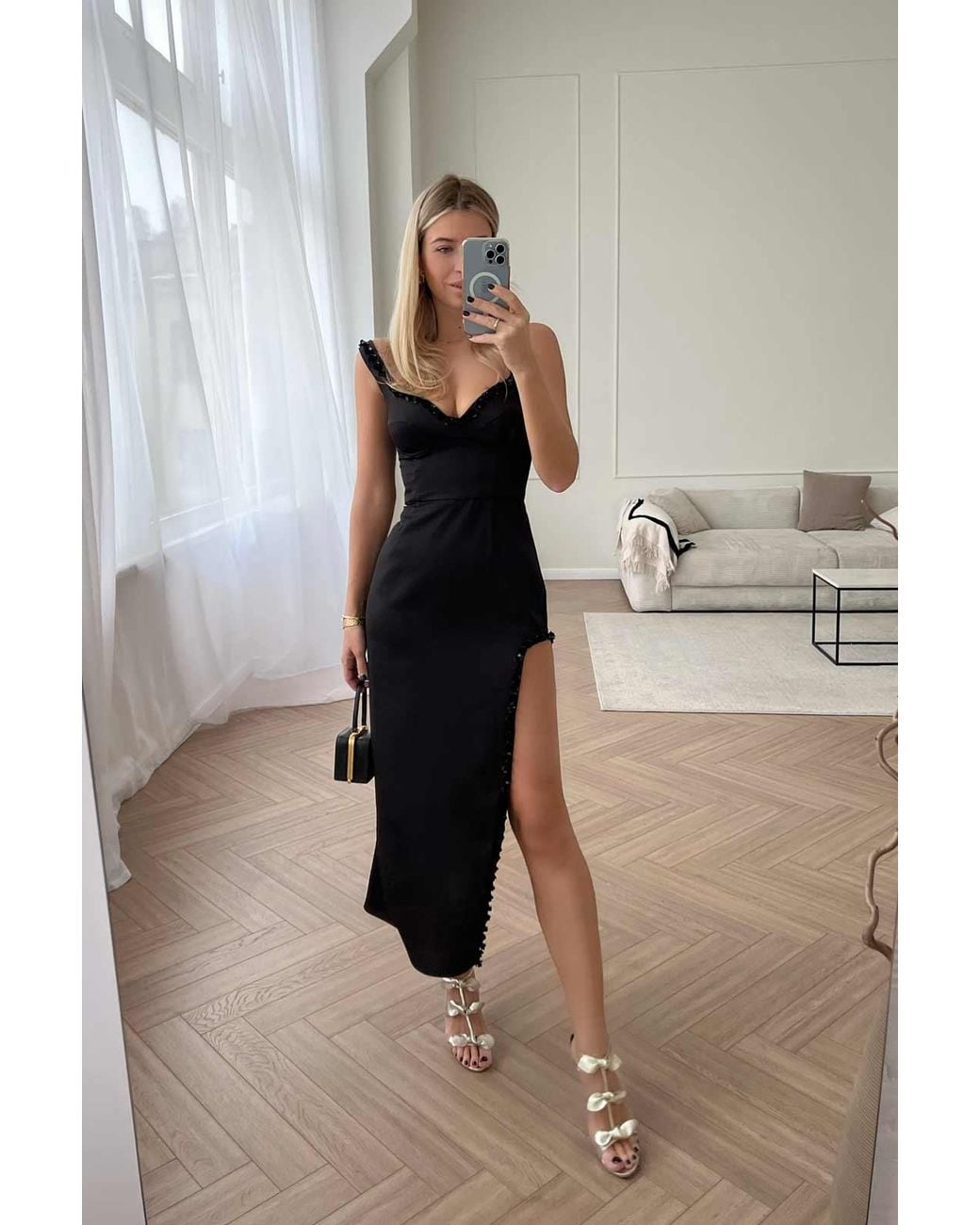 POST MERIDIEM Black Slit V-Neck Midi Dress