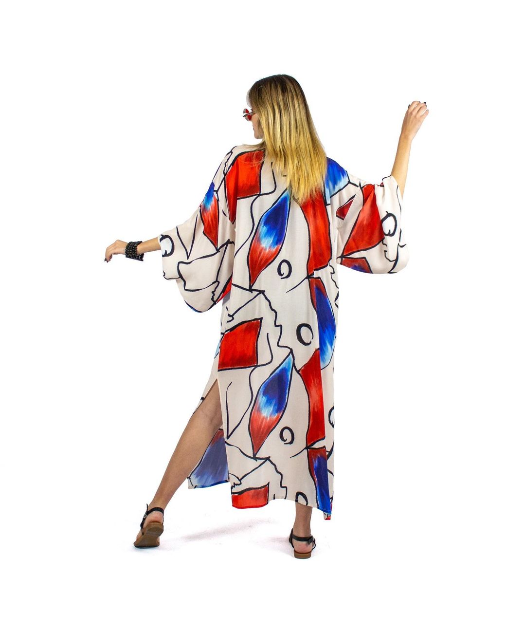 Lalipop Design Red Abstract Viscose Kimono Embellished With Embroidery Details