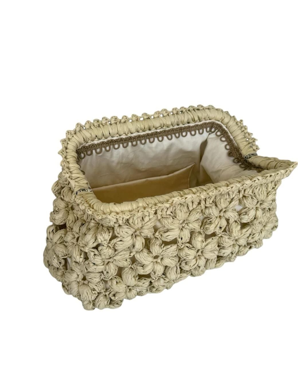Springmoonatelier Natural Neutrals Handmade Cream Raffia Clutch Bag With Floral Motifs – Elegant Spring And Summer Purse