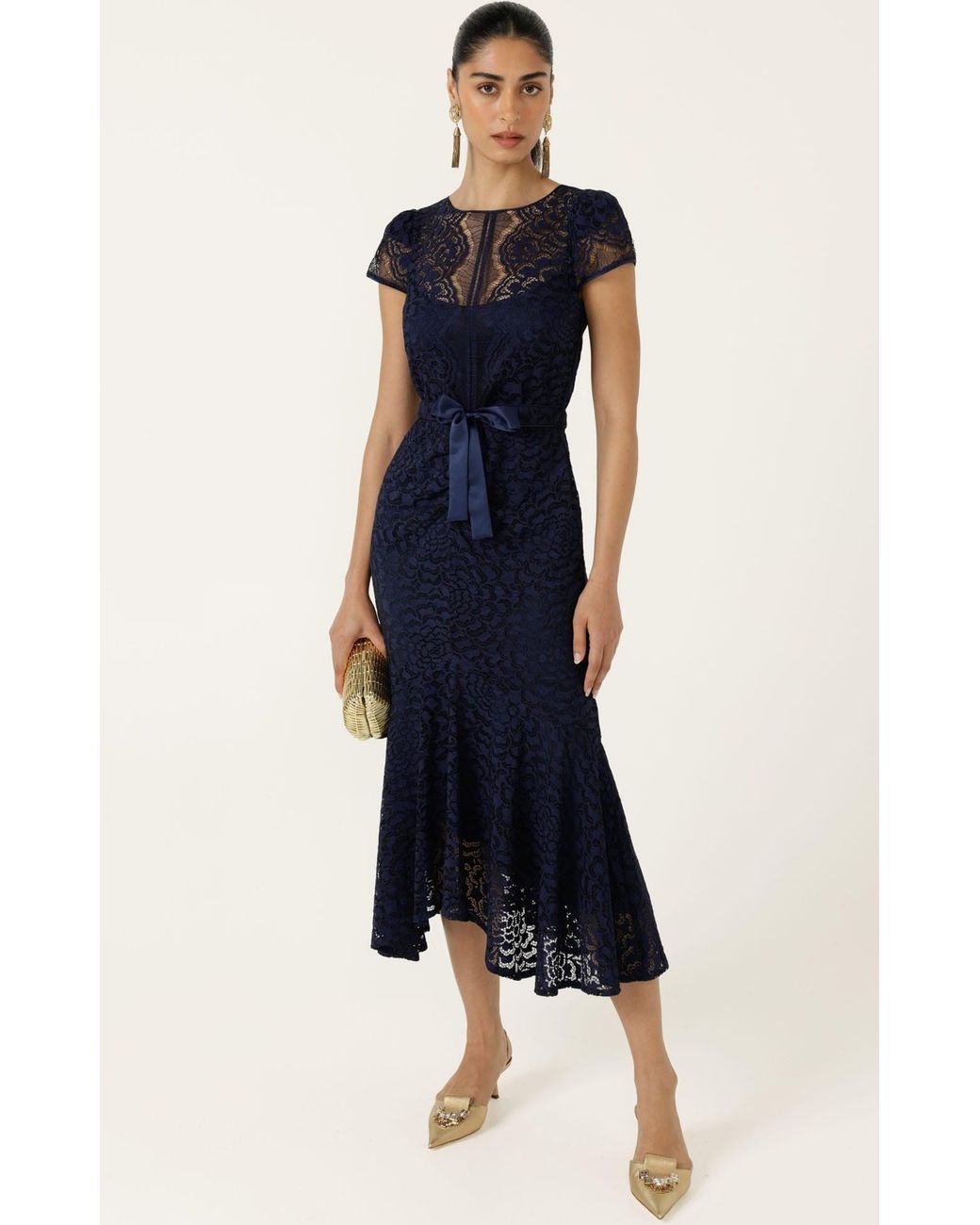 SACHA DRAKE Blue Affair Of Honour Scalloped Lace Midi Dress