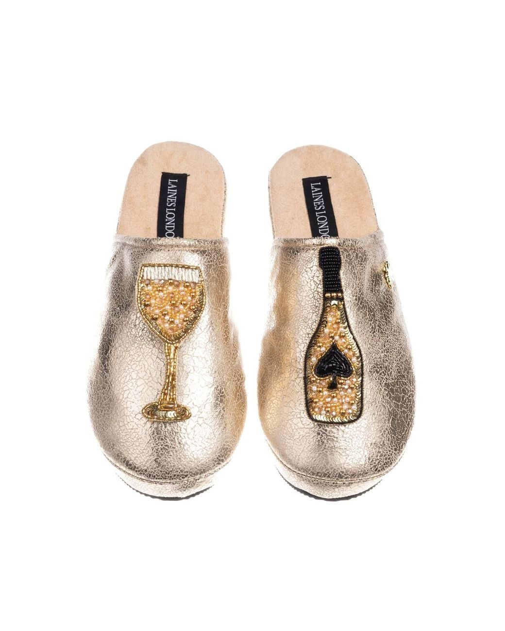 Laines London Natural Softie Slippers With The Ace Of Champagne Brooches