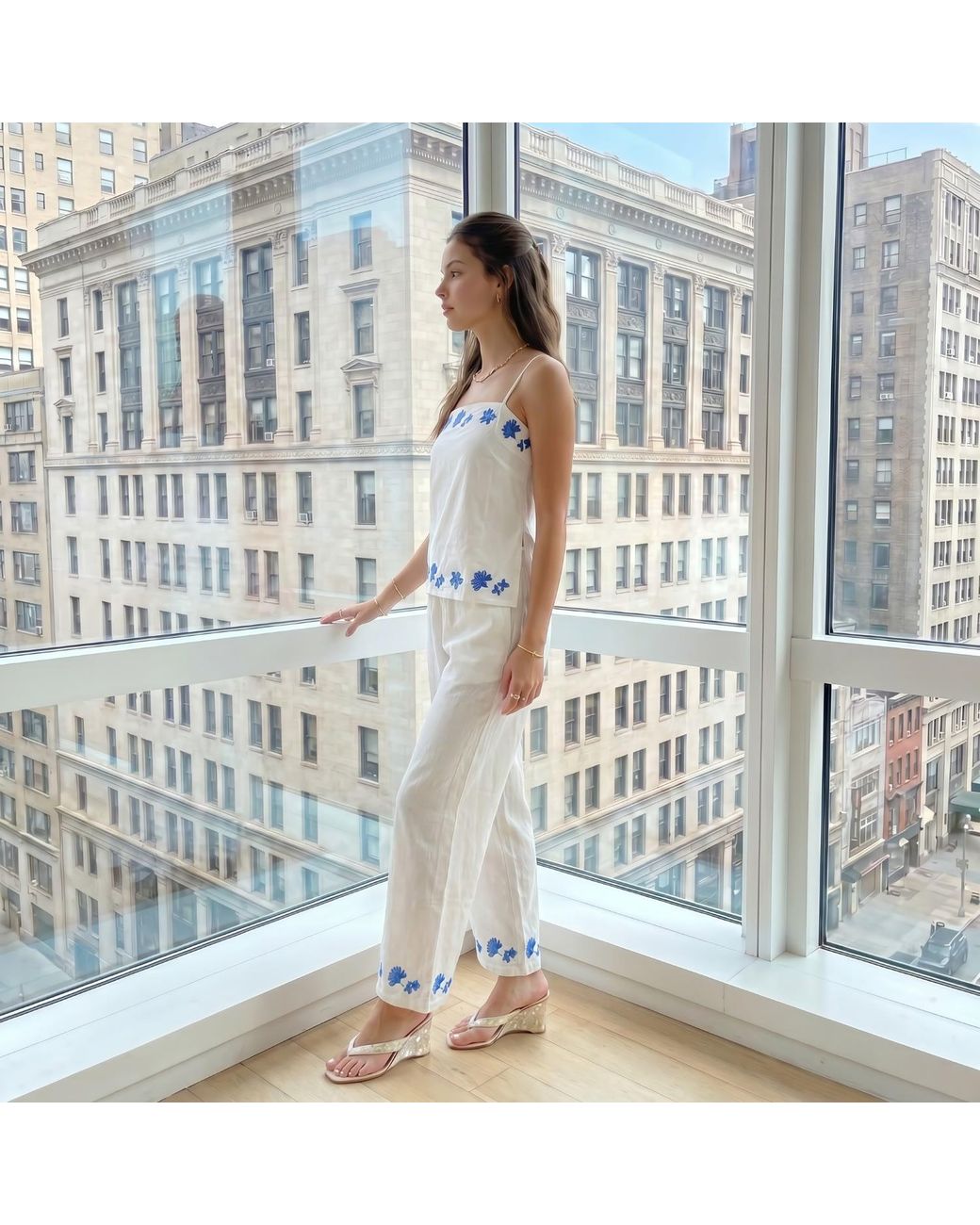 Modenaire White Floral Embroidered Two-Piece Set With Camisole And Wide-Leg Pants