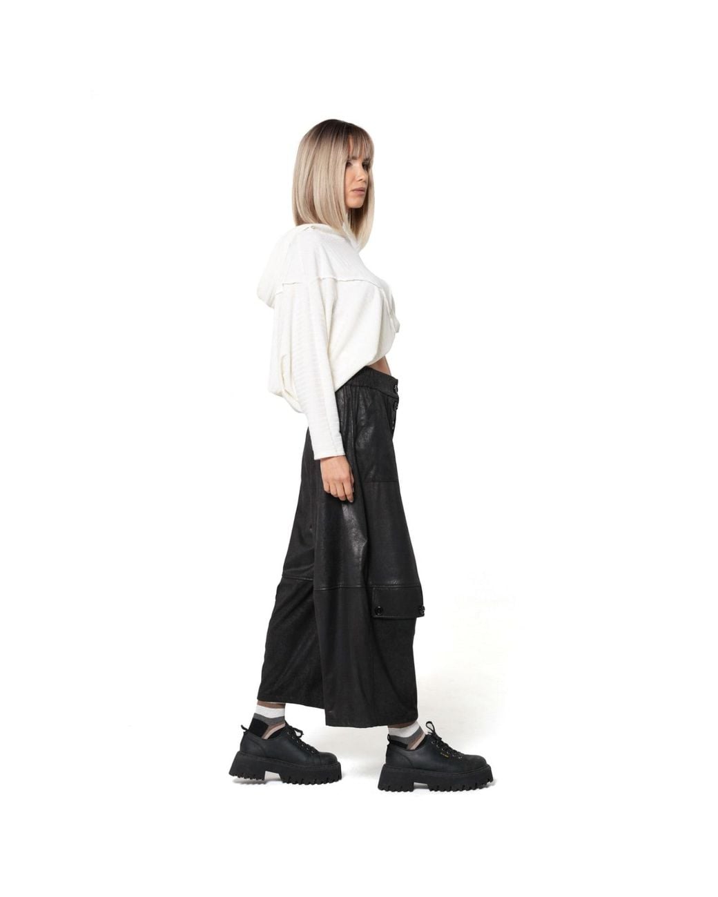 Metamorph Black Wide-Leg Faux Suede Trousers With Buttons