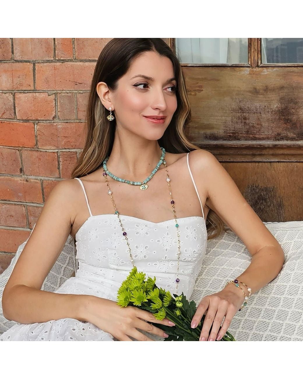 Farra White Amethyst Amazonite & Pearl Long Station Necklace