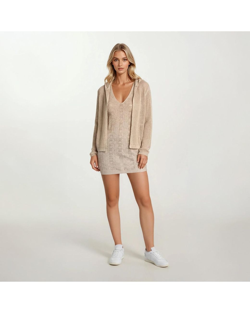 Haris Cotton Natural Neutrals Open-Knit Cardigan With Hood And Lurex Thread