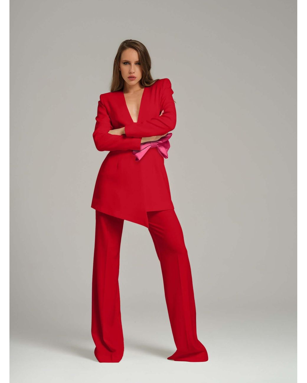 Tia Dorraine Red Pearl Blazer With Detachable Bow Belt