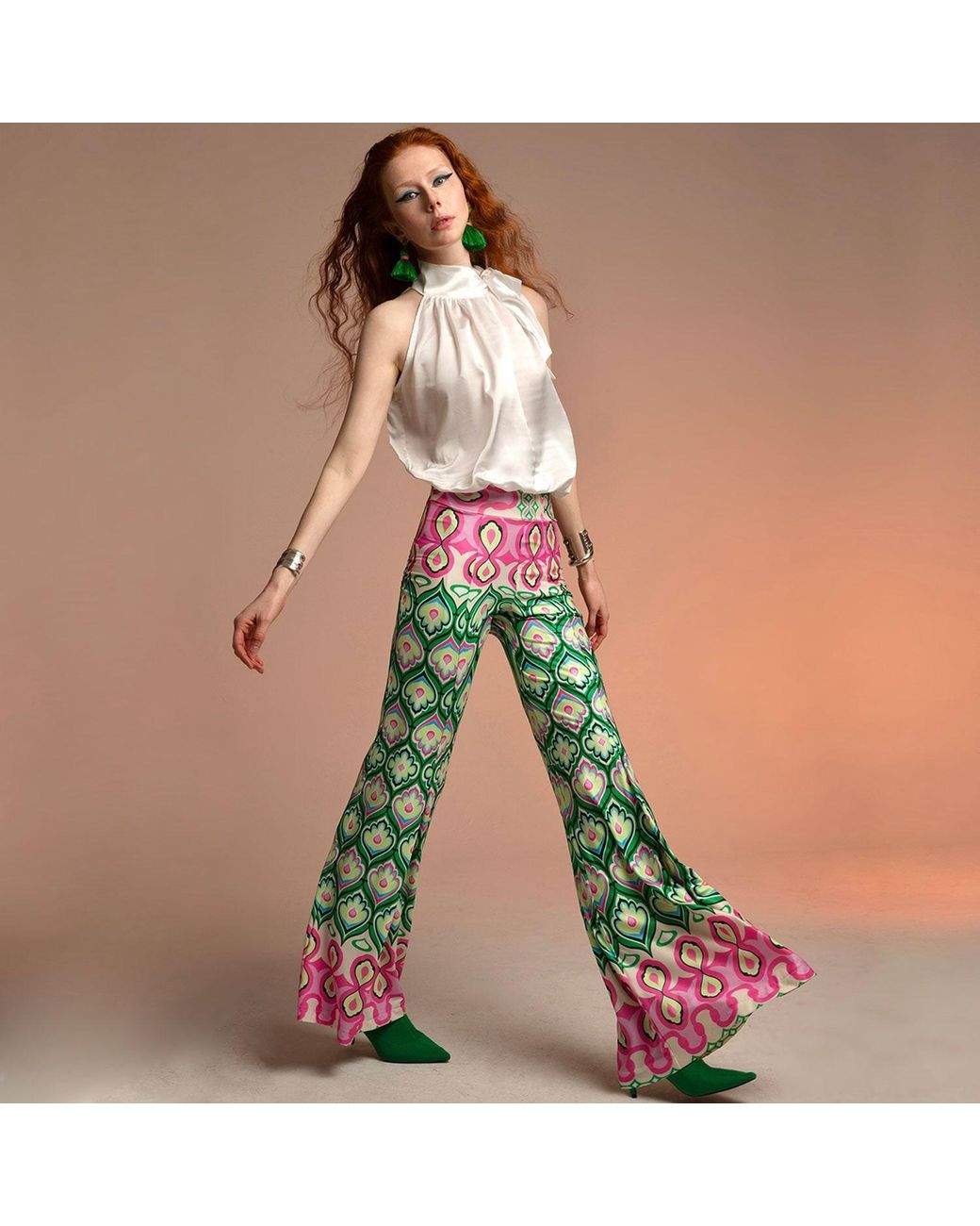 Beatrice von Tresckow Green Candy Bloom Stretch Bell Bottom Trousers