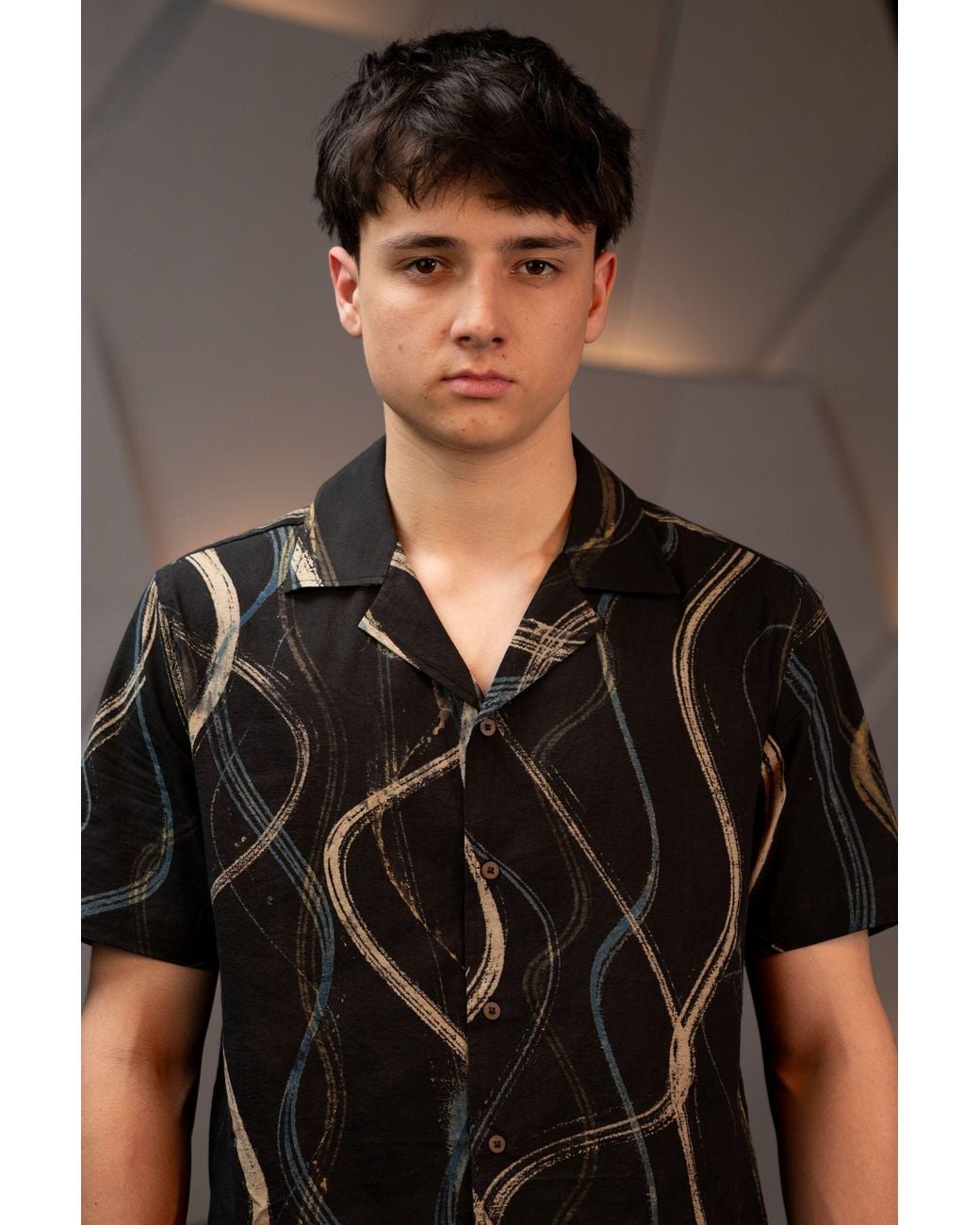 Stovaria Black Camp Collar Half Sleeve Organic Cotton Shirt With Abstract Brush Print for men