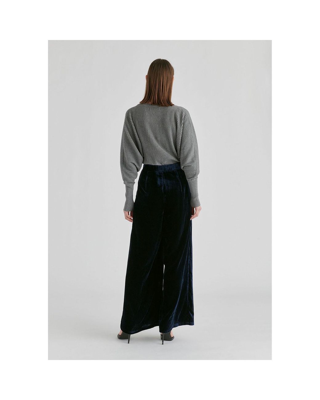 Paisie Blue Velvet Wide-Leg Trousers With Separate Elastic Ankle Bands