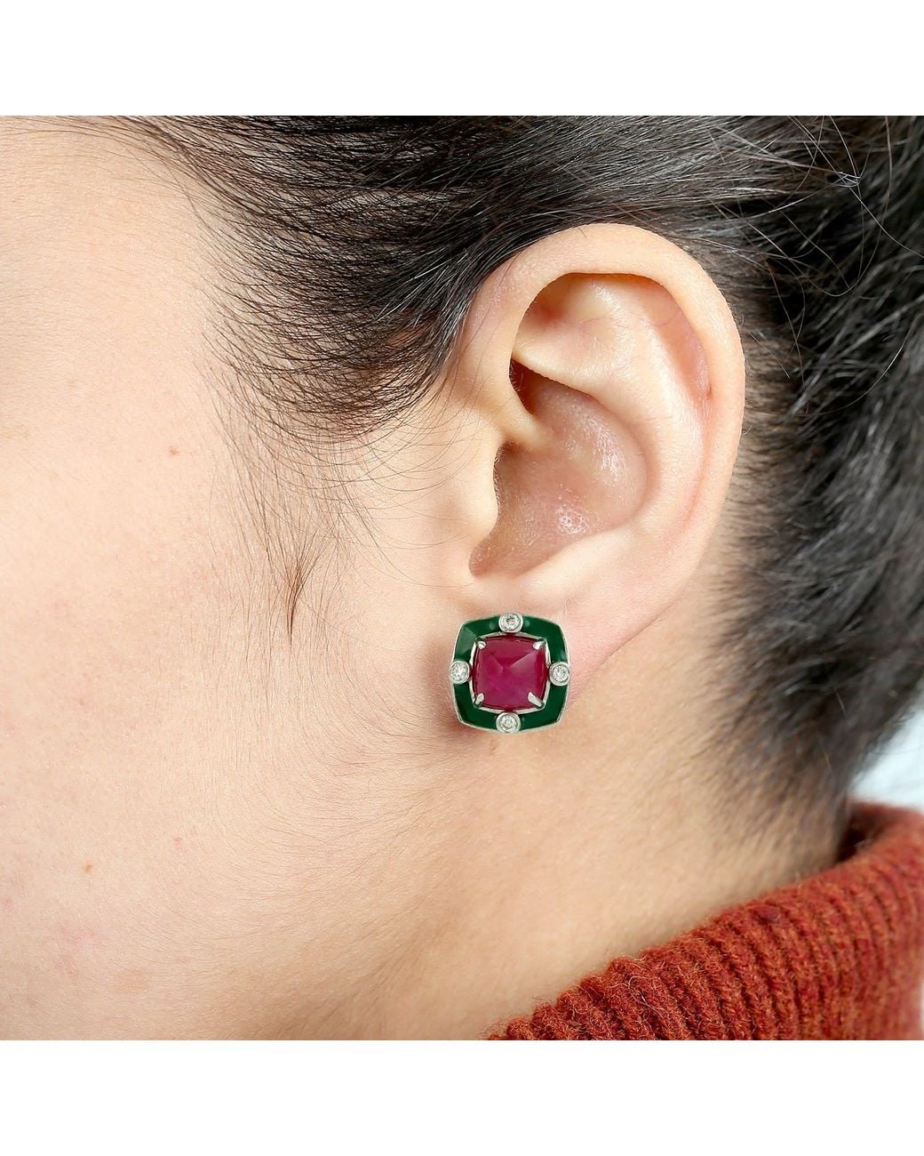 Artisan Multicolor Ruby & Enamel Diamond Stud Earrings