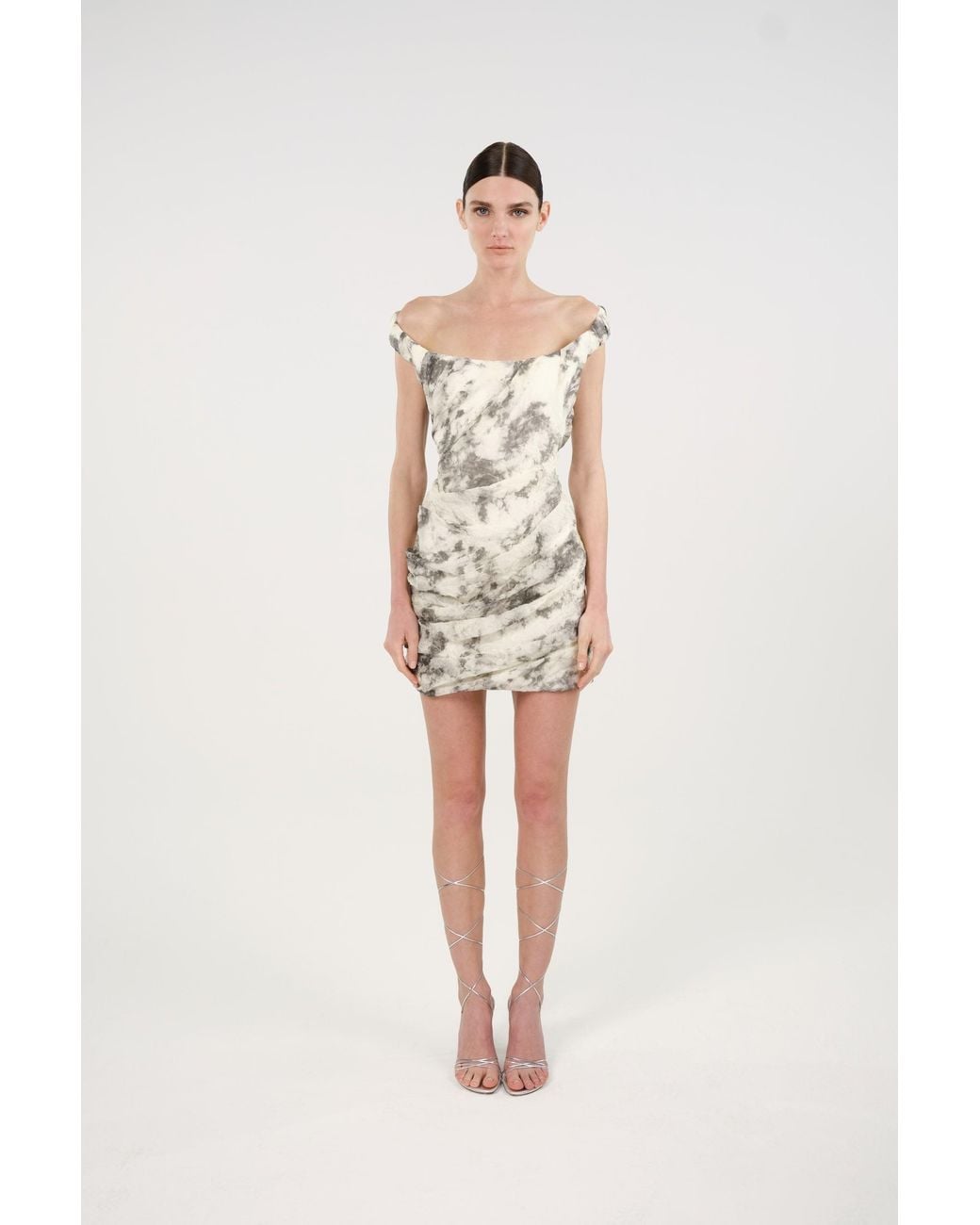 Nocturne Gray Abstract Print Off-Shoulder Ruched Mini Dress