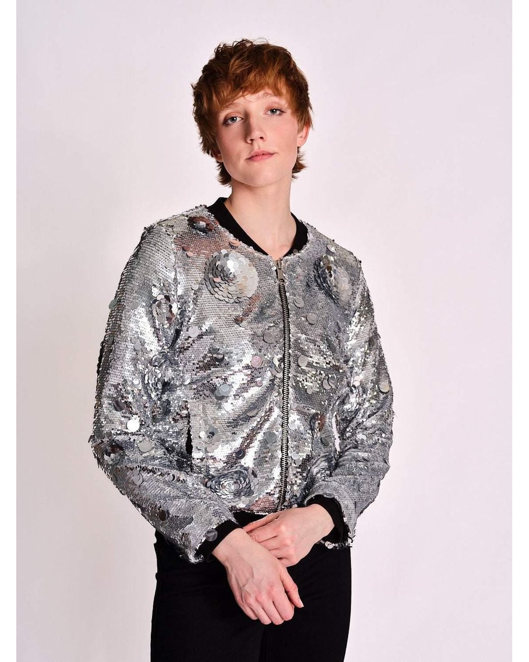 Any Old Iron Gray Petal To The Metal Sequin Bomber Jacket