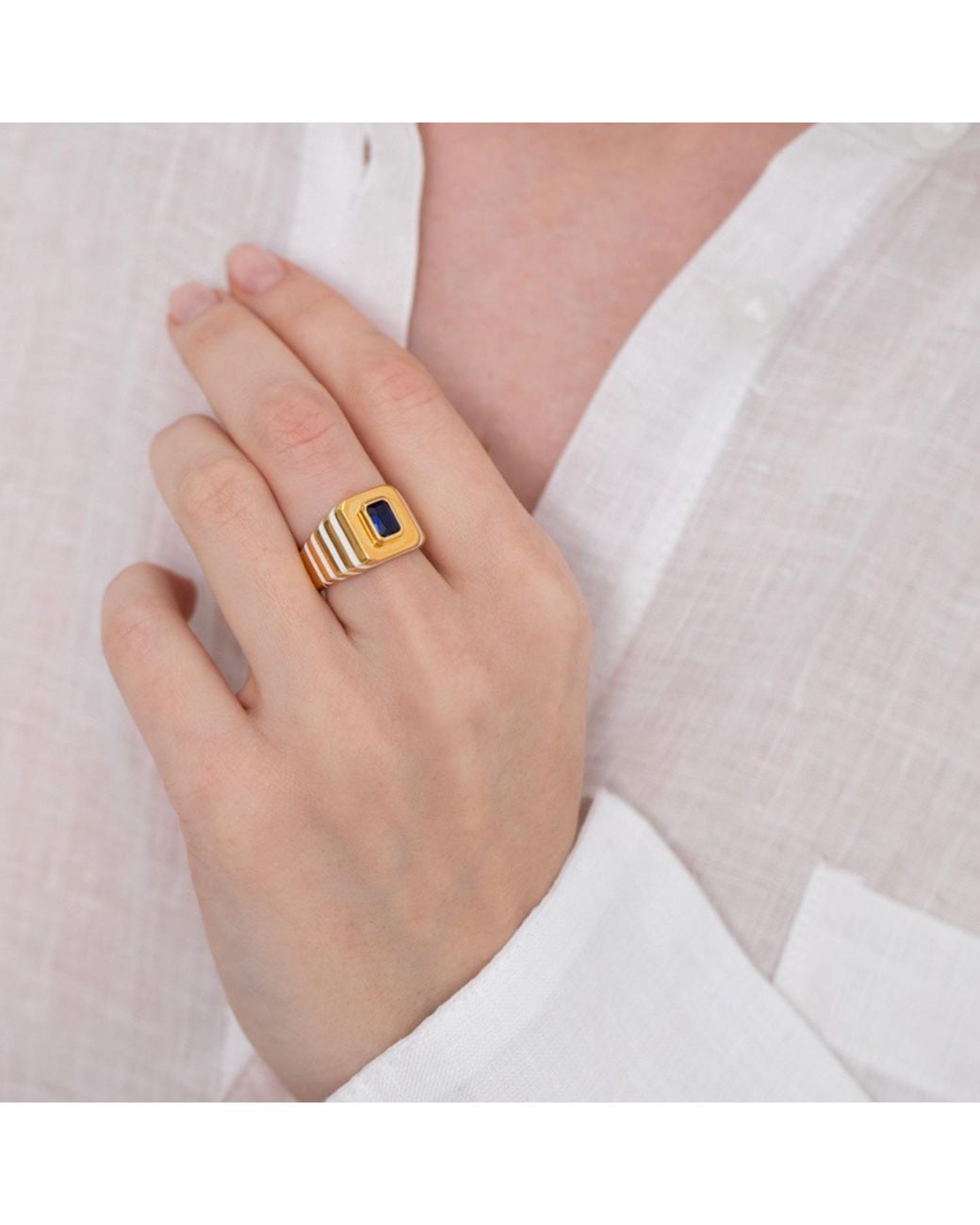 LINYA JEWELLERY Metallic Octagon Stone Enamel Signet Ring Sterling