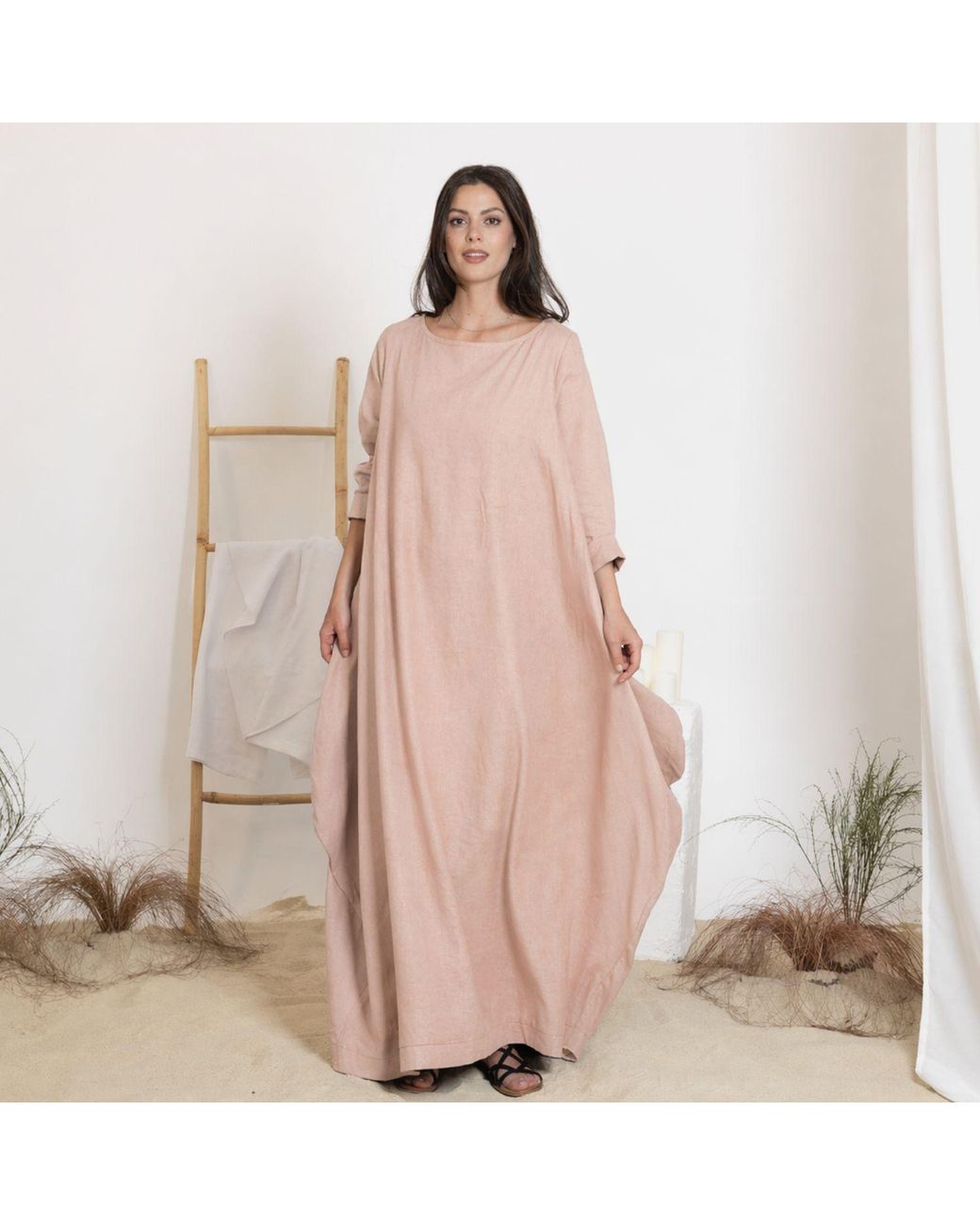 Nikka Place Pink Long Linen Boho Beach Dress