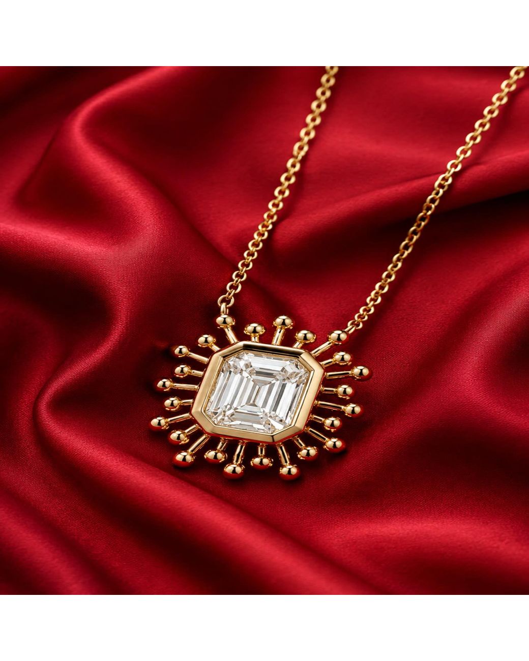 Artisan Metallic 14K Emerald-Cut Diamond Sunburst Pendant Necklace
