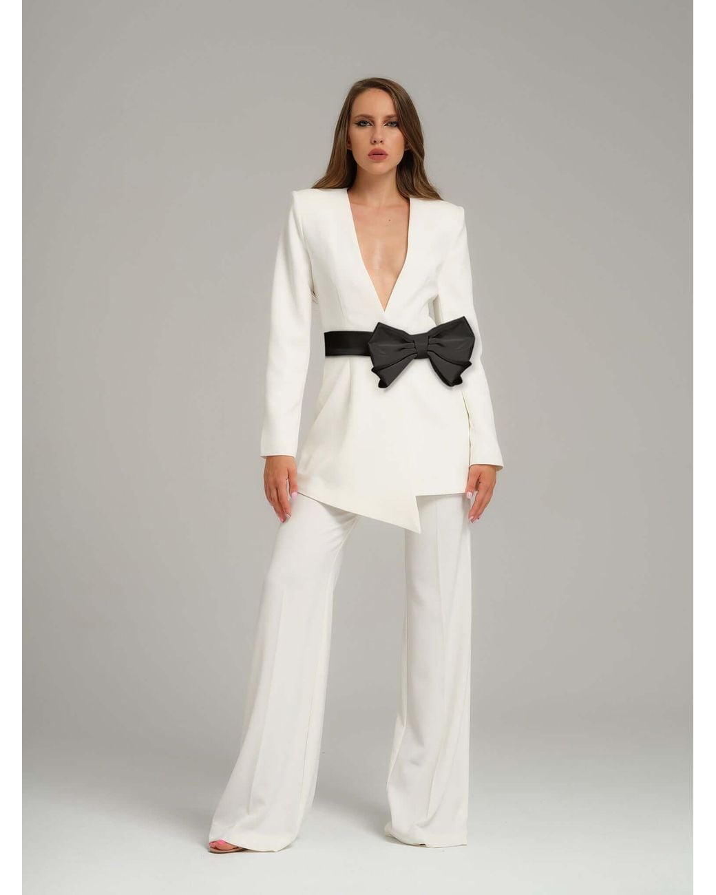 Tia Dorraine White Rare Pearl Power Suit With Detachable Bow Belt