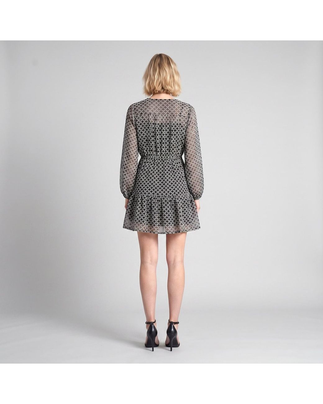 Modenaire Gray Polka Dot Embroidered Lace Dress With V-Neck & Tie Waist
