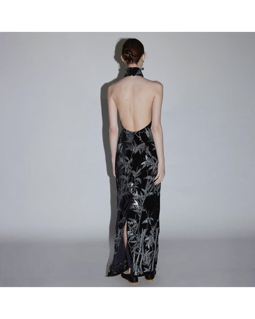 Belsize25 Black Bamboo Leaf Beaded Embroidered Halterneck Gown