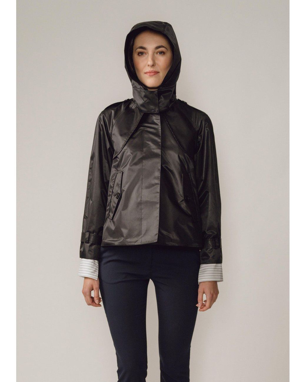BEIRA Black Amelia Cropped Waterproof & Windproof Trench Jacket With Detachable Hood