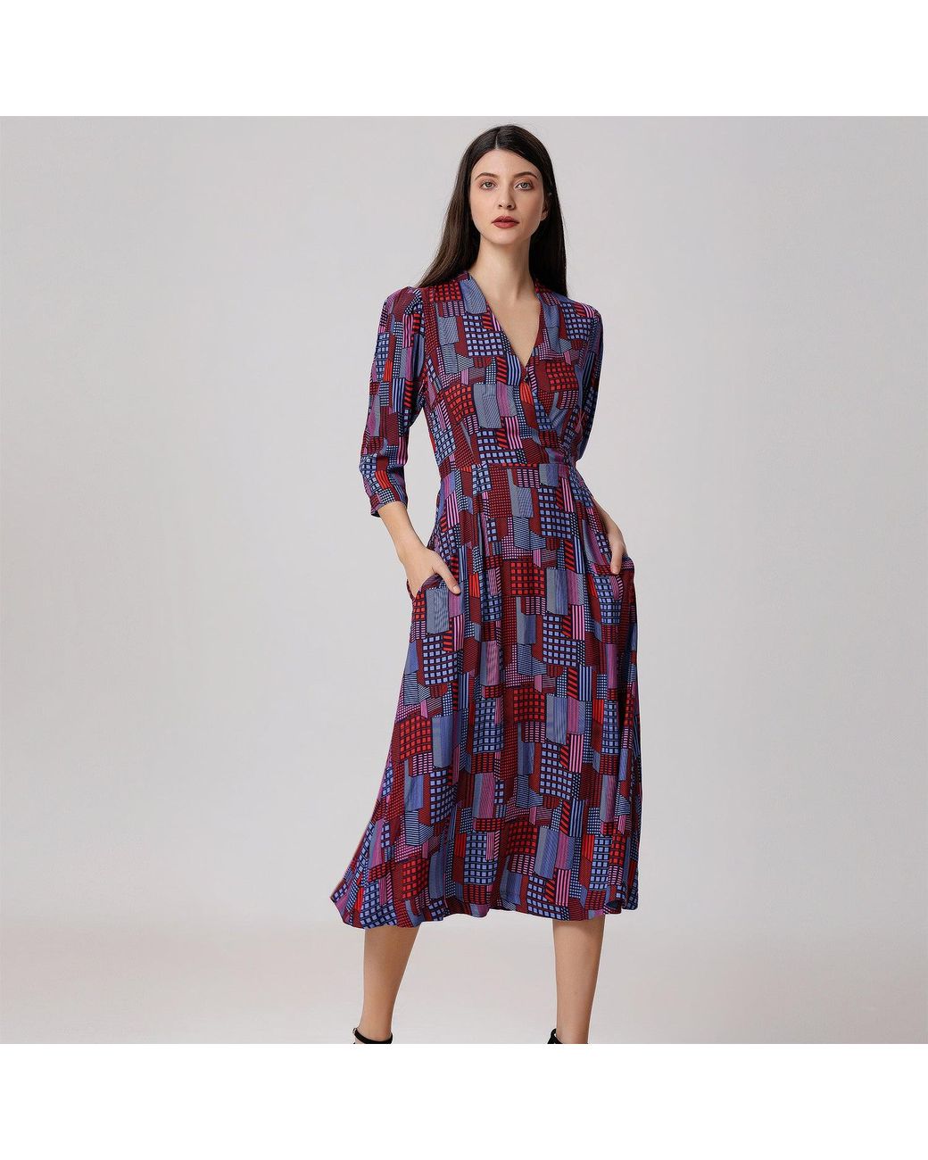 Smart and Joy Purple Geometric Print Viscose Wrap Midi Dress
