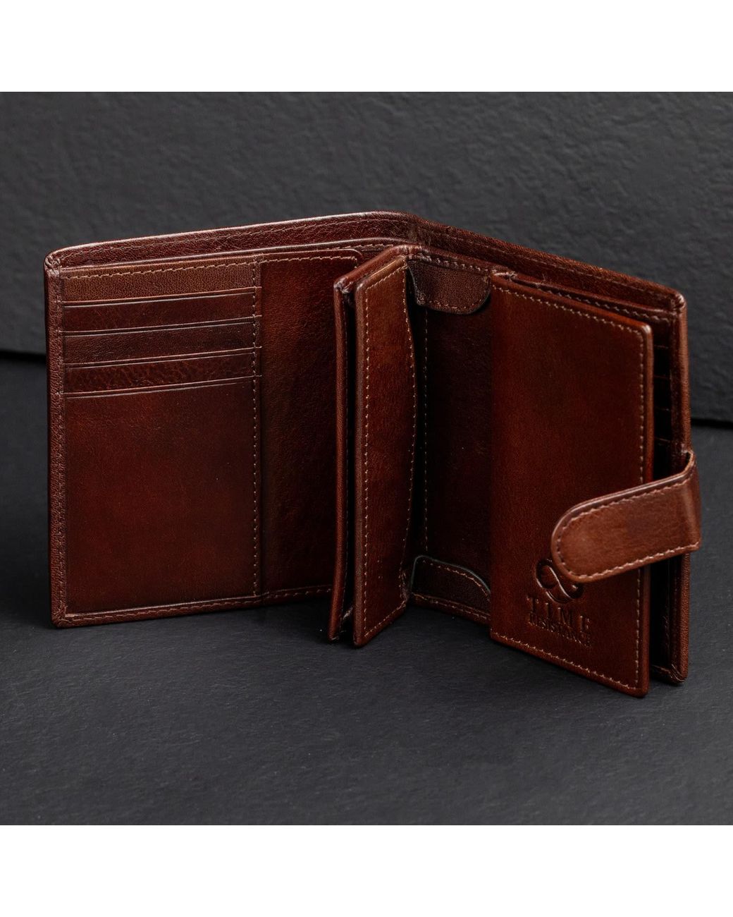 Time Resistance Brown Leather Bifold Wallet With A Snap Closure for men