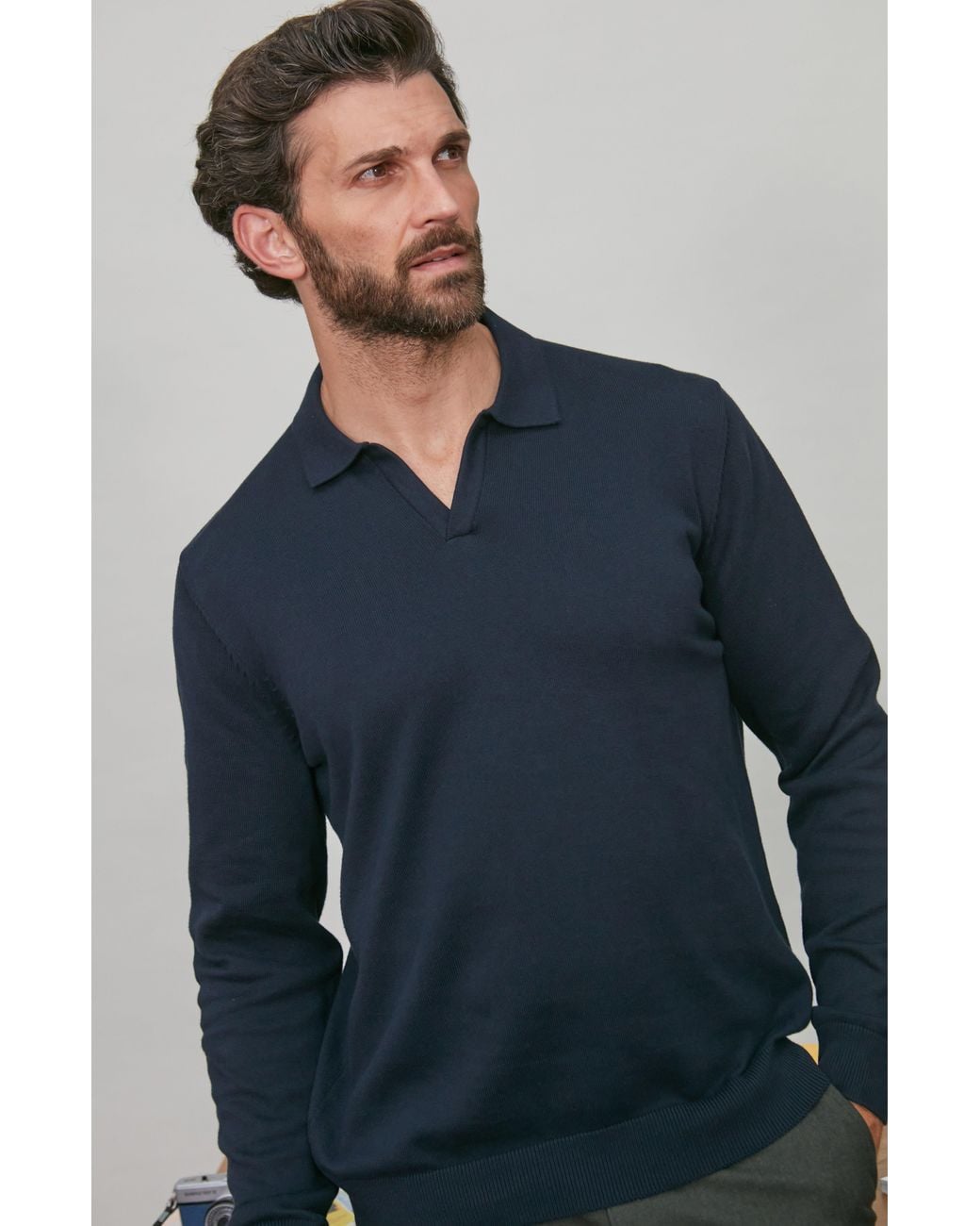 Paul James Knitwear Blue Lightweight Cotton Lyndon Buttonless Polo Shirt for men