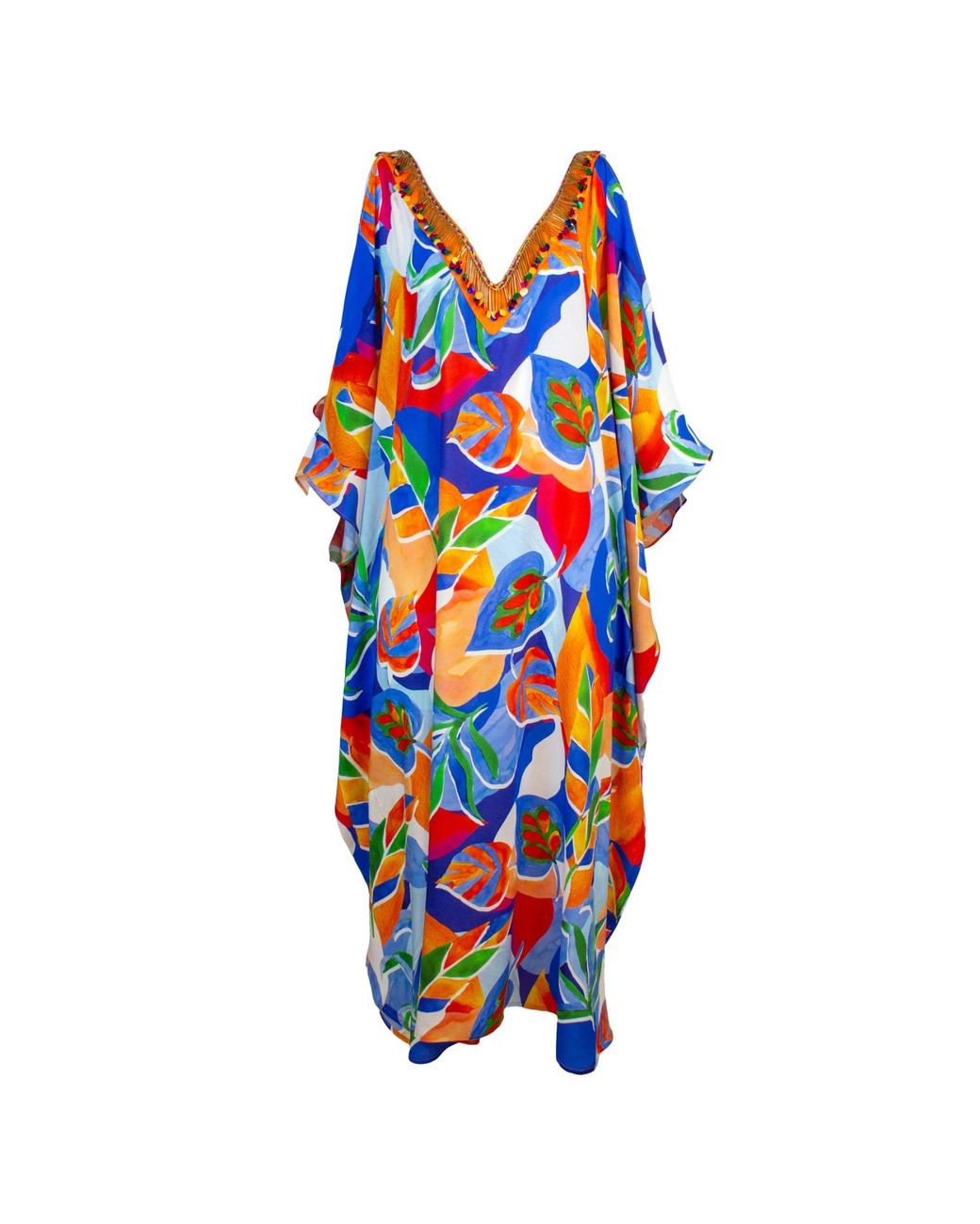Lalipop Design Blue Colorful Leaf Print Open Shoulder Viscose Kaftan