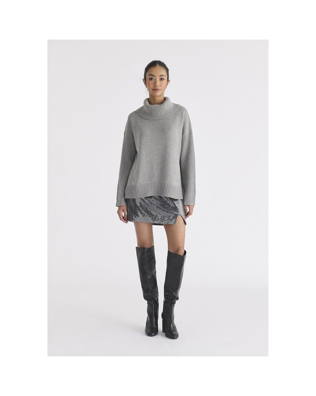 Paisie Gray Polo Neck Jumper With Ribbed Details
