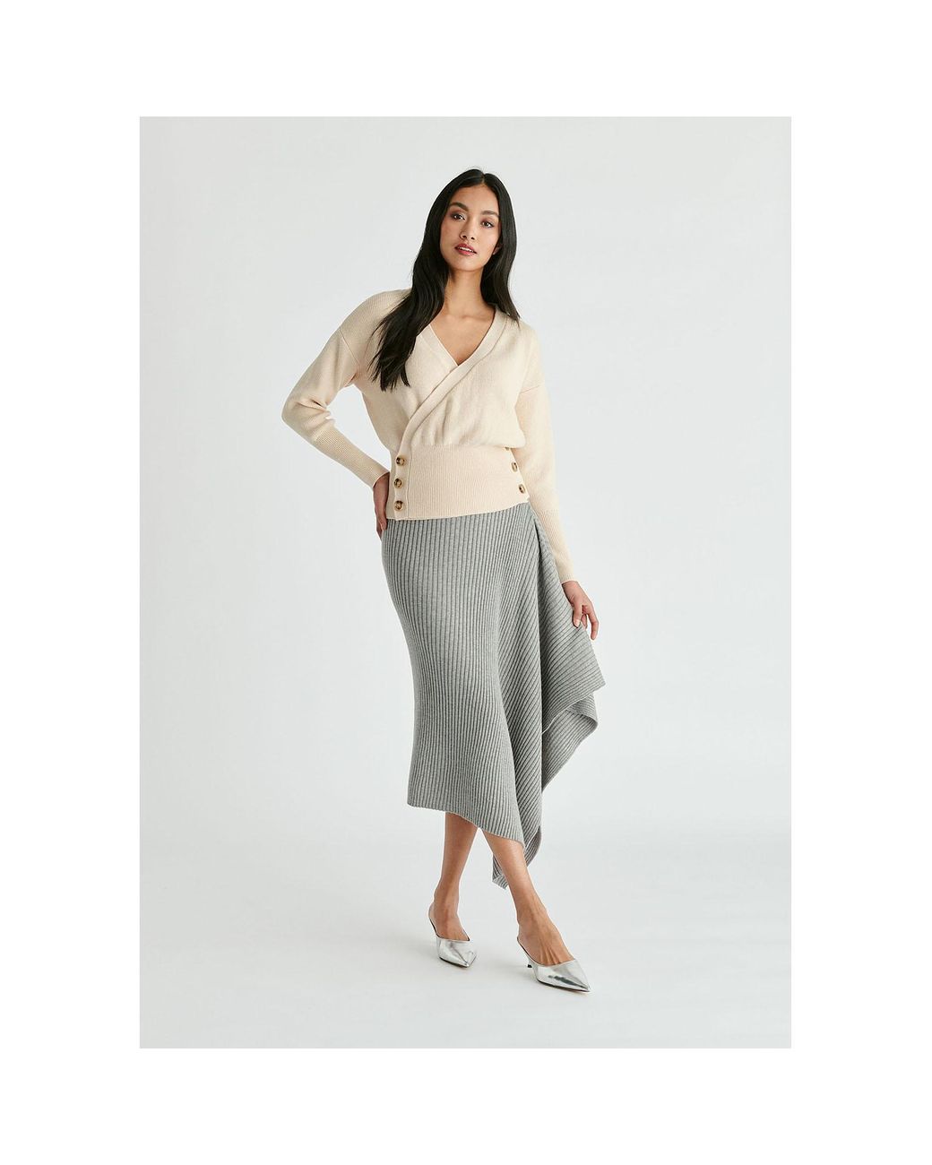 Paisie Natural Neutrals Knitted Wrap Top With Side Buttons