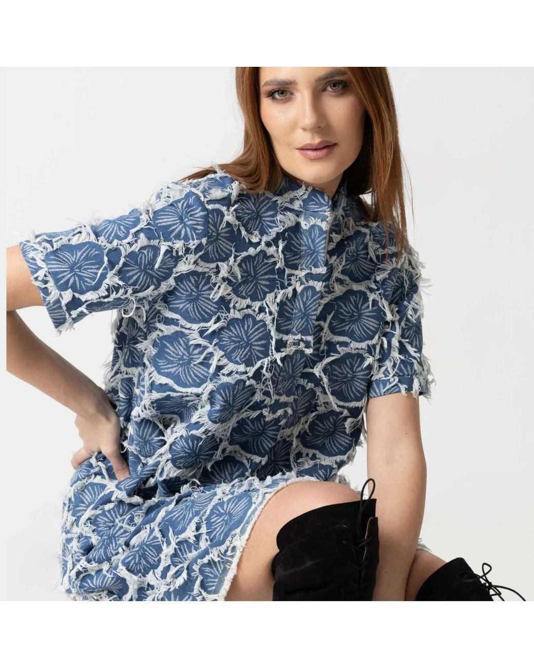 IZABELA MANDOIU Blue Light Denim Mini Dress With Floral Embroidery & Fringe