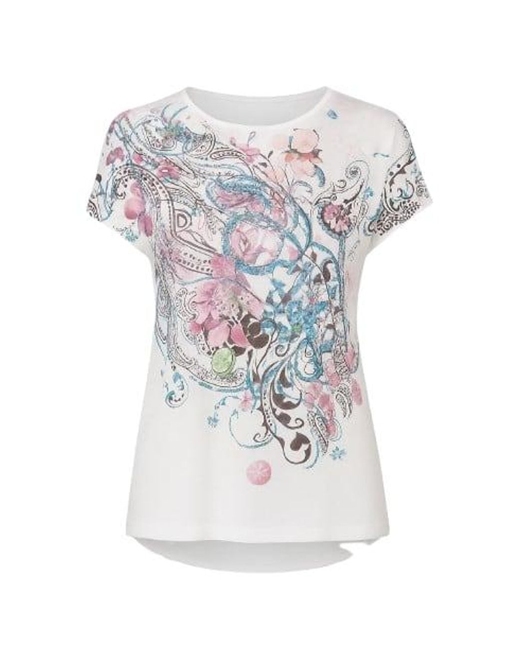 Conquista White Neutrals Boat Neckline Top With Multicoloured Print