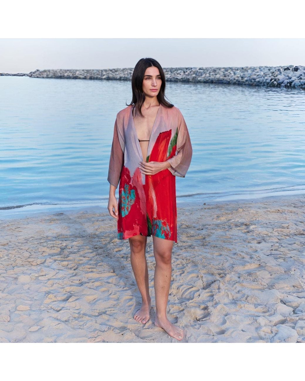 DHARA SHETH DUBAI Red Coral Mirage Floral Short Kimono