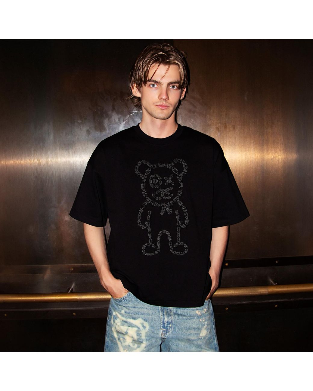 X Ilona Blue Black Universal Fit Graffiti Daddy Bear Organic Cotton Charcoal Chain Link Embroidery Tee for men