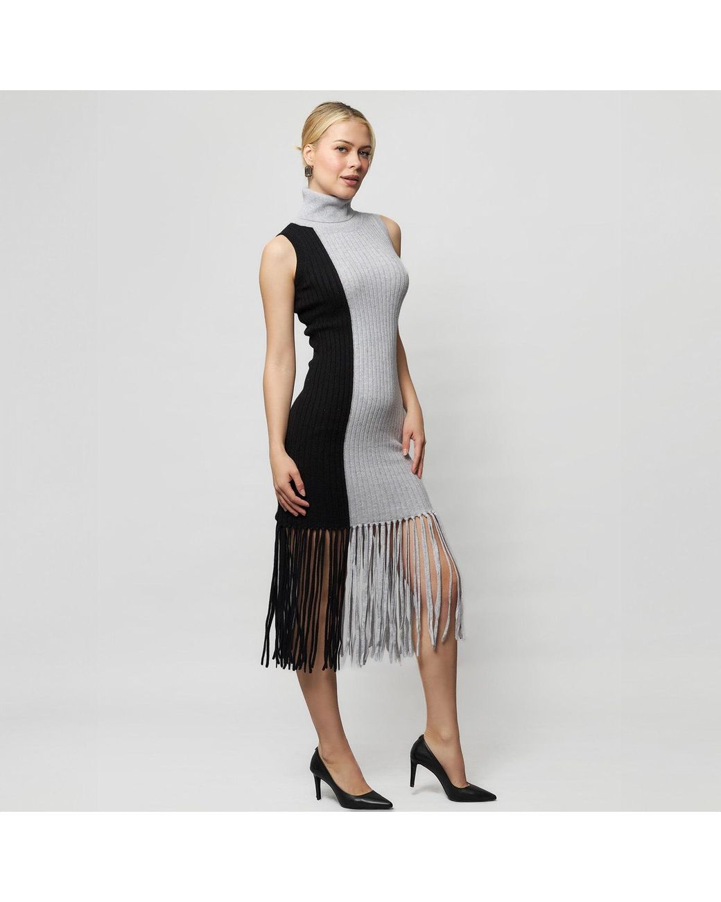 Solgo Atelier Multicolor Elleann Turtle Neck Color Blocking Cashmere Dress