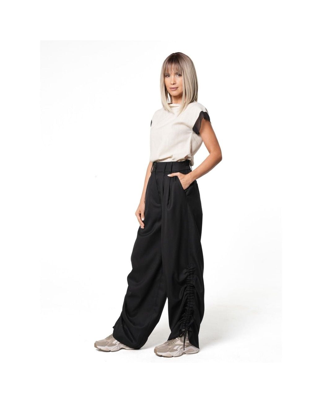 Metamorph Black High-Waisted Wool Trousers With Ruched Side Details