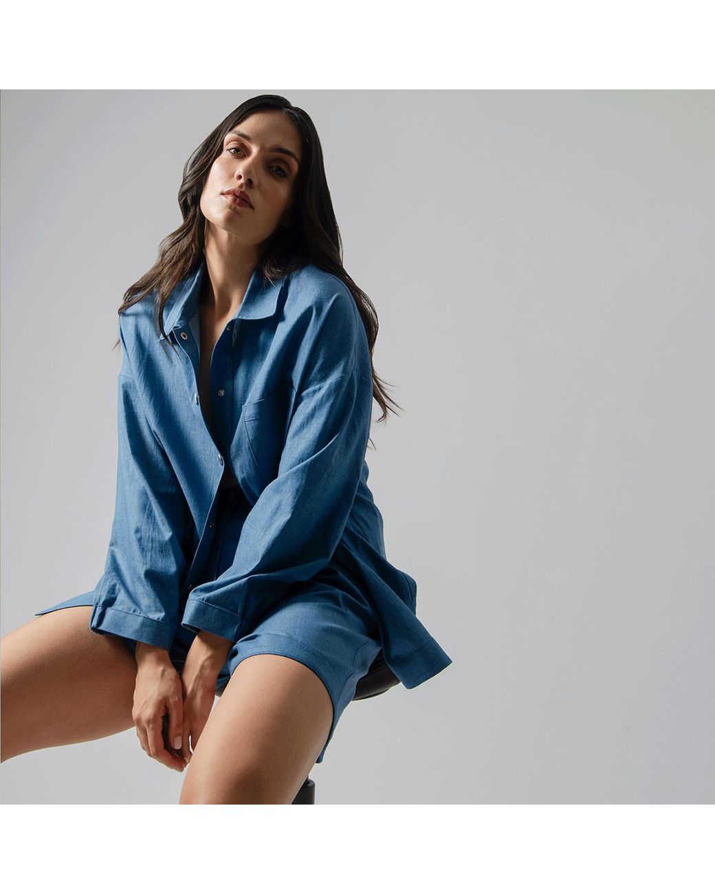 Audrey Vallens Blue Oversize Shirt With Snaps
