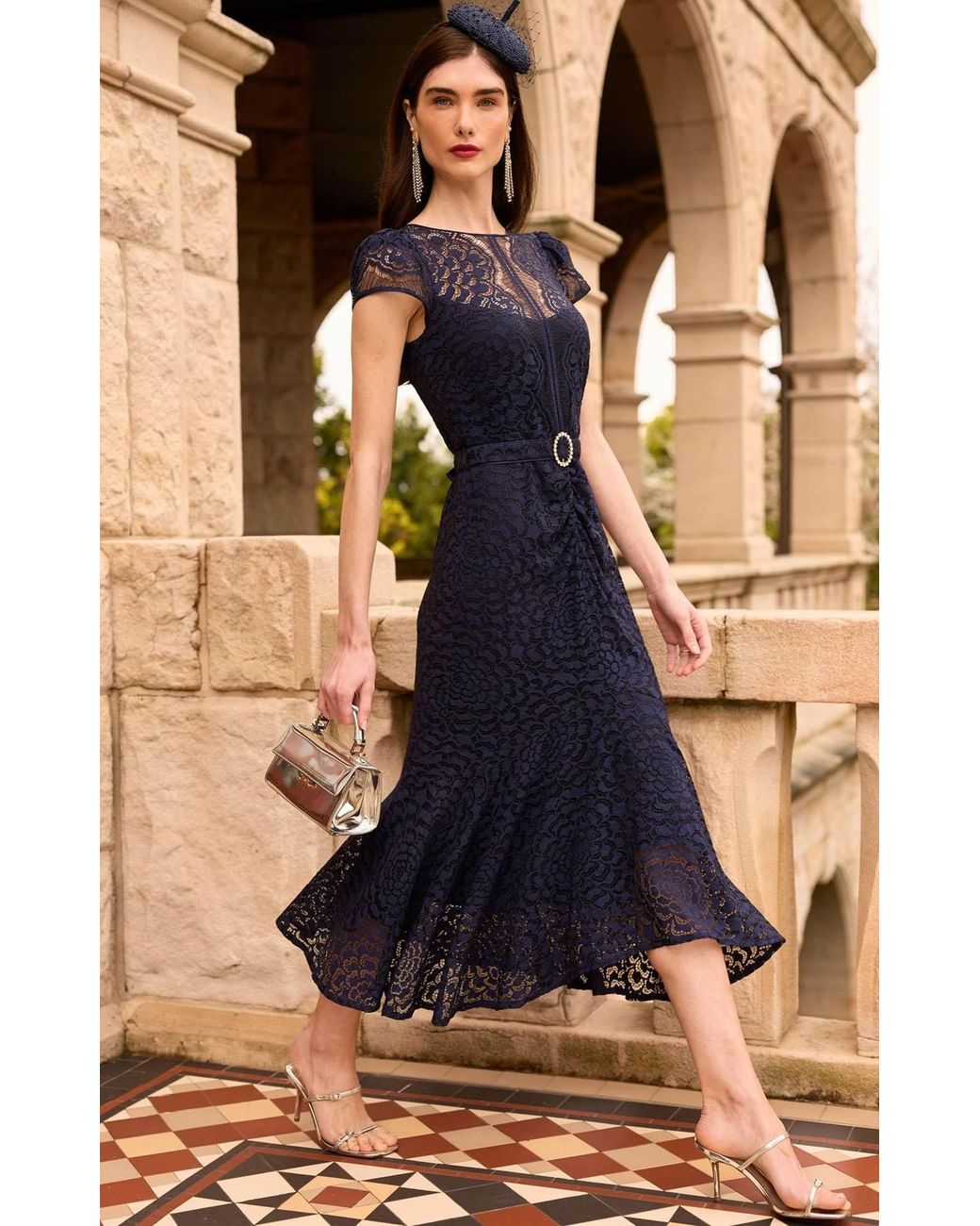 SACHA DRAKE Blue Affair Of Honour Scalloped Lace Midi Dress