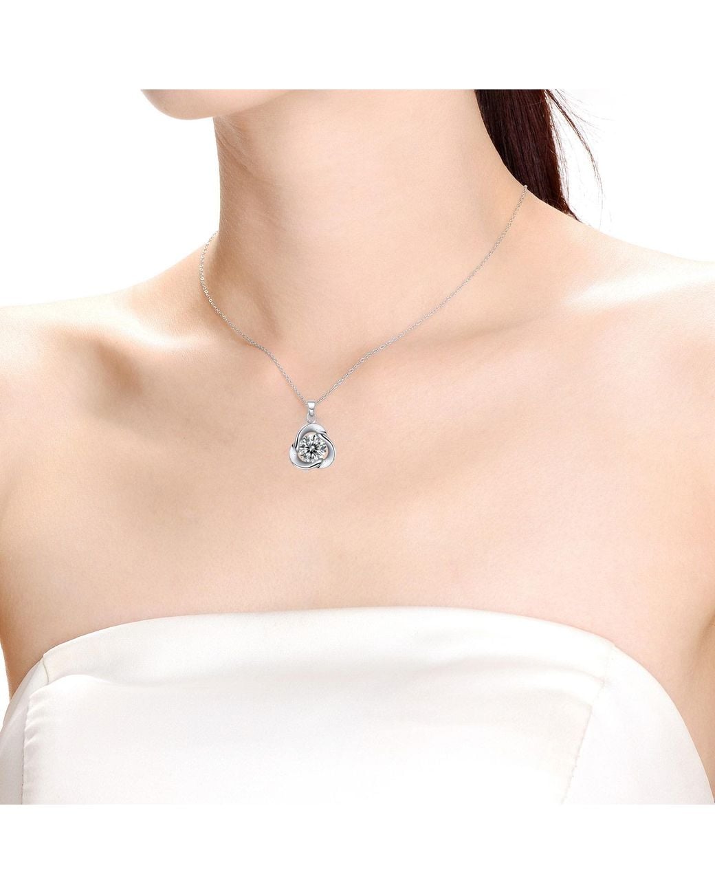 Genevive Jewelry Metallic Stella Sterling Plated With Round Moissanite Solitaire Flower Swirl Pendant Necklace