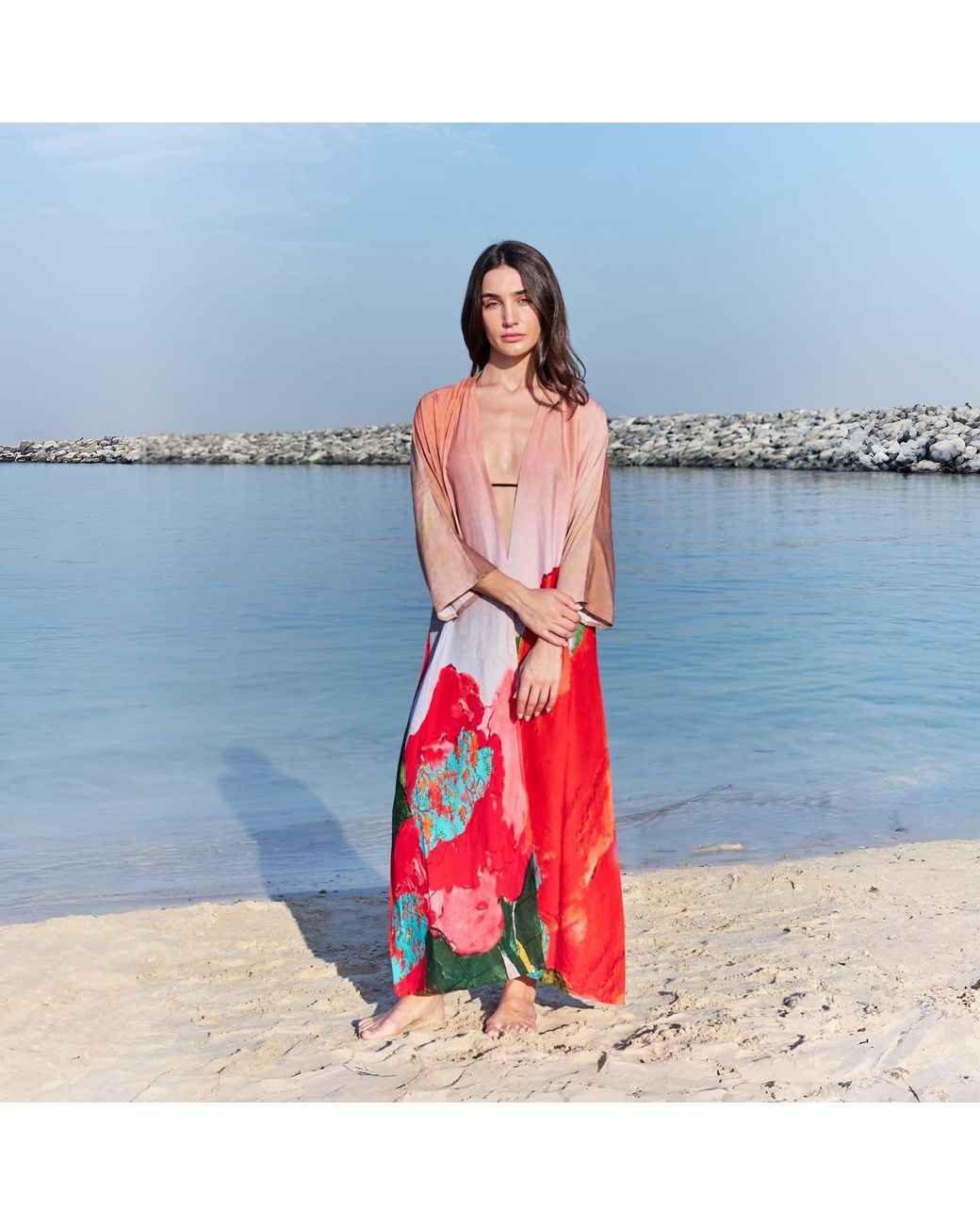 DHARA SHETH DUBAI Red Coral Mirage Floral Long Kimono
