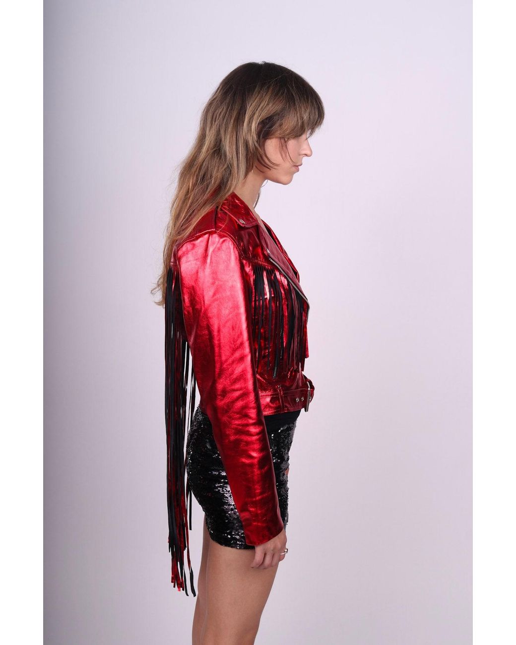 Any Old Iron Red Metallic Peril Leather Fringe Moto Jacket